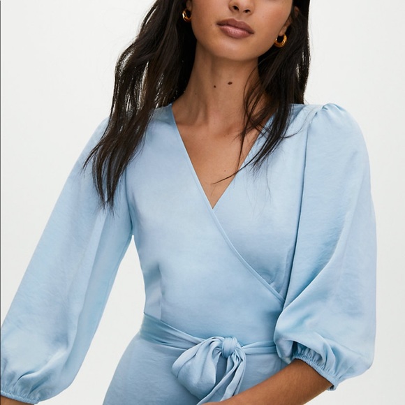 Brand New With Tags Aritzia Blue Satin Wrap Dress - Picture 2 of 9